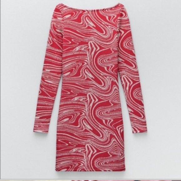 ZARA Jacquard Red White Swirl Mini Dress Knit Long Sleeve Medium Sweetheart Neck - Picture 3 of 5